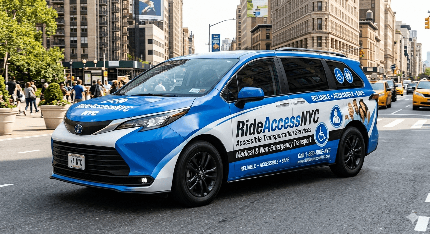 Ride Access NYC branded wheelchair-accessible van on a New York City street