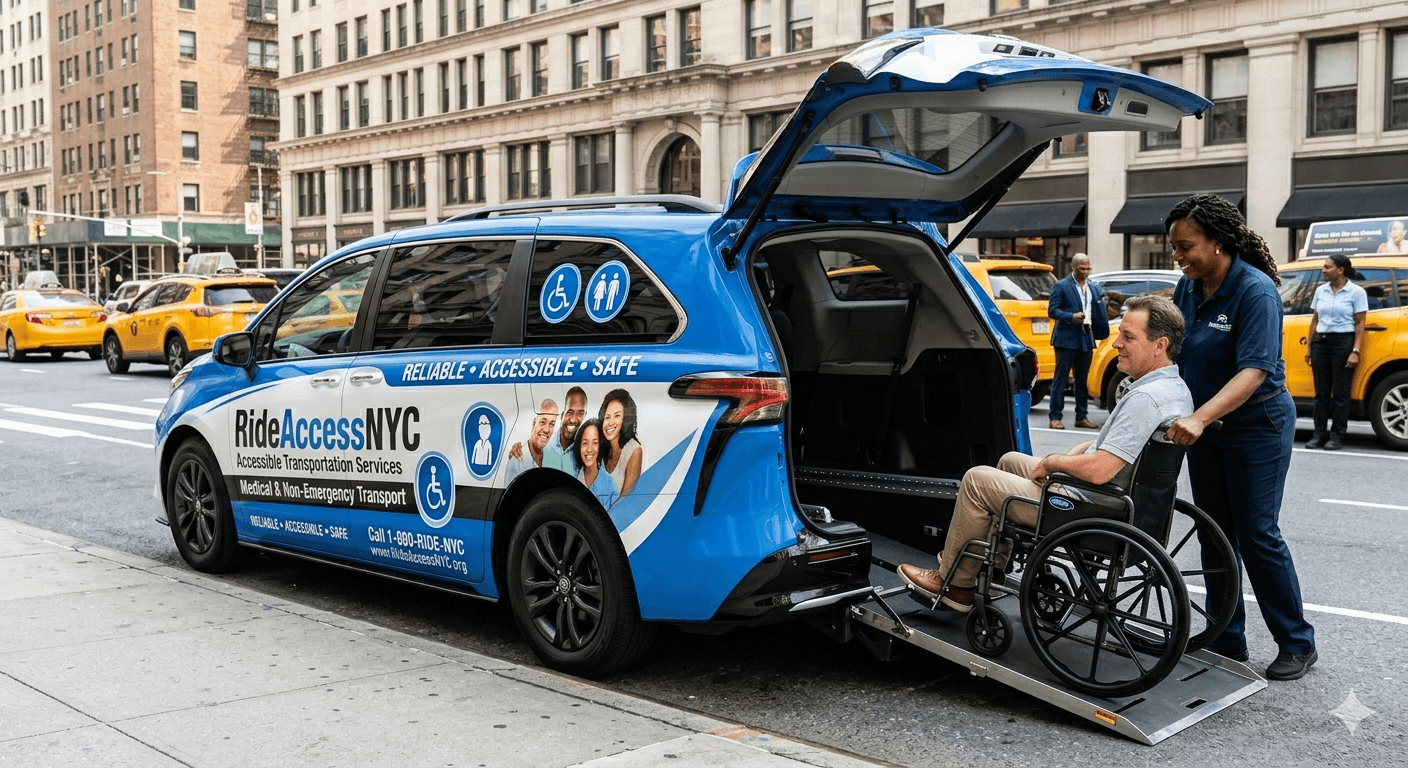 Ride Access NYC attendant assisting a wheelchair passenger into an accessible van