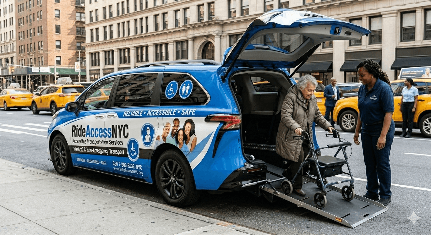 Senior passenger assisted off the accessible van ramp by a Ride Access NYC attendant