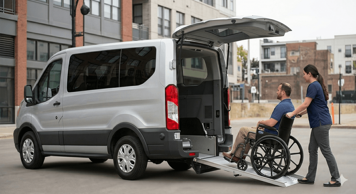 Wheelchair-accessible transport van with rear ramp deployed for boarding