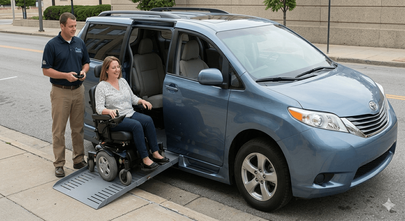 Wheelchair passenger boarding a Ride Access NYC accessible van via the ramp