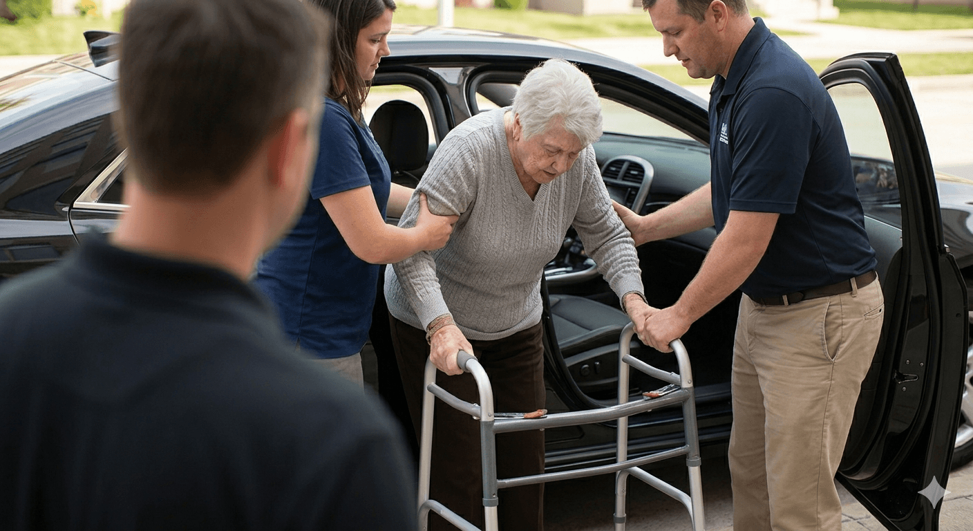 Caregivers helping an elderly passenger with a walker out of a vehicle