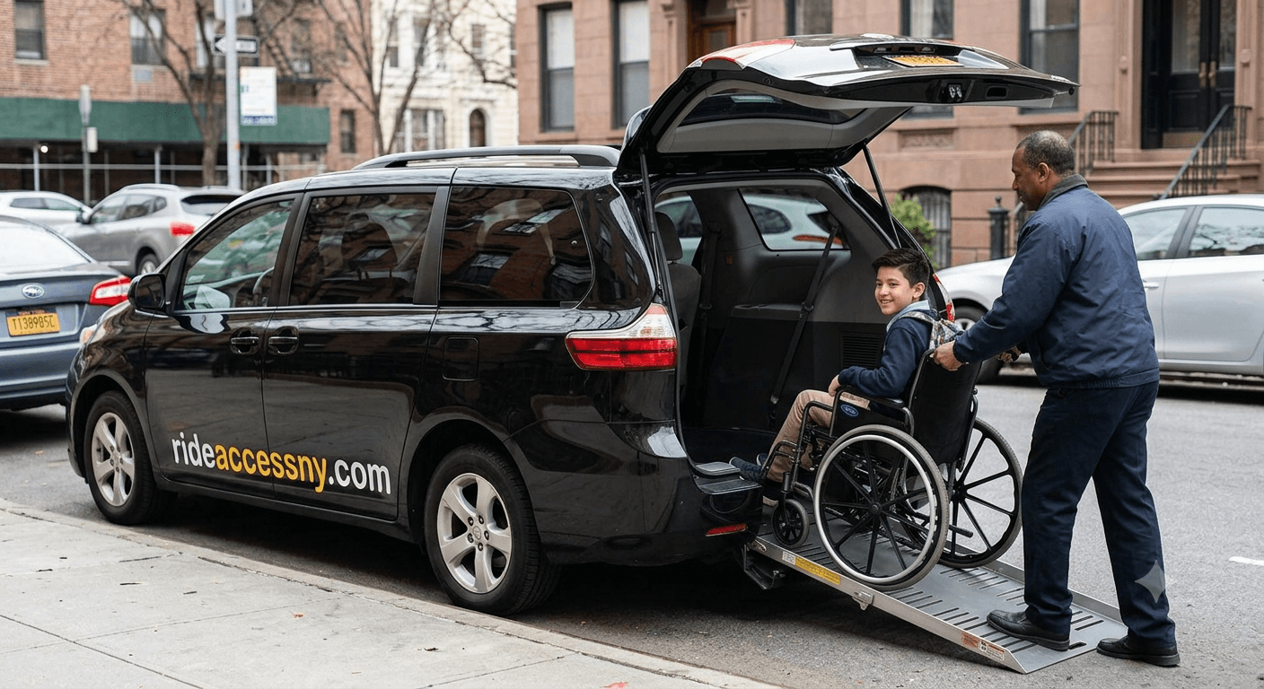 Ride Access NYC branded van with rear ramp deployed as a driver helps a smiling student in a wheelchair board